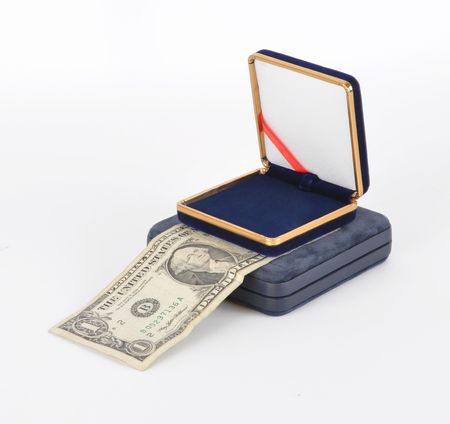 Picture of boxes for valuables and dollar on a white background