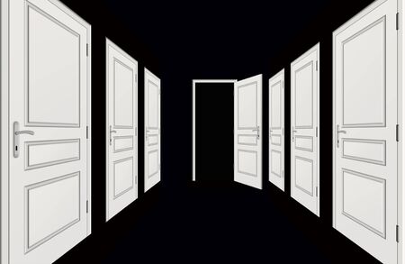 Illustration of corridor with by doors of white color on a black backgroundの写真素材