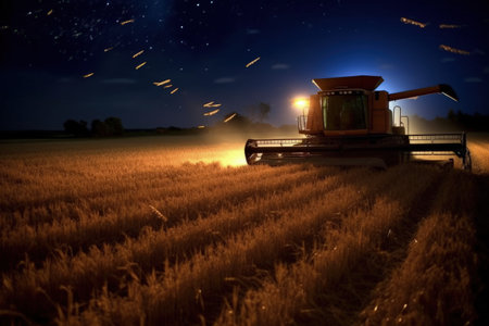 Harvesting after planting at the end of the growing season. Workers gather ripe produce. Soybean wheat corn sunflowers. Tractor and combine harvester.Farm equipment and farming machine. Generative AI.の素材