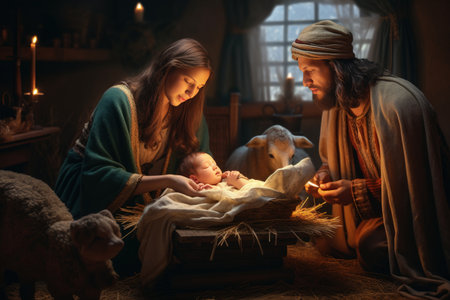 Nativity scene vertep, religious concept, Star of Bethlehem. Birth of the Son of God, Jesus Christ, the Virgin Mary Joseph . Christian Christmas. Bible, Miracle. holy family. Generative AI.の素材