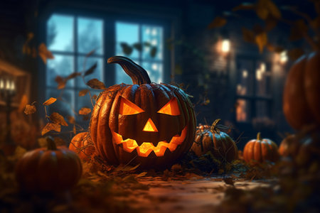 scary halloween pumpkin. Day of the dead, saints, feast and celebration. October 31. Intimidation and bedtime entertainment, creepy costumes having fun at Halloween party. Spooky night. Generative AI.の素材