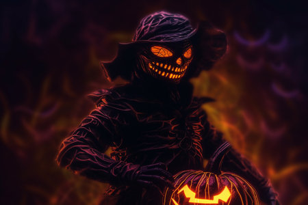 scary halloween pumpkin. Day of the dead, saints, feast and celebration. October 31. Intimidation and bedtime entertainment, creepy costumes having fun at Halloween party. Spooky night. Generative AI.の素材
