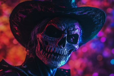 scary halloween pumpkin. Day of the dead, saints, feast and celebration. October 31. Intimidation and bedtime entertainment, creepy costumes having fun at Halloween party. Spooky night. Generative AI.の素材