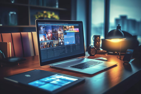 Internet based business technology concept for webinars. e-learning education concept, learning online with webinar, video tutorial, internet lessons. Generative AI.の素材