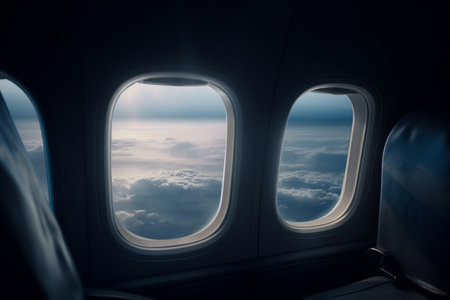 A view from the window of an airplane. Flying over the ground, view over an abyss, flying . Beautiful scenic view of sunset through aircraft window. Image save-path for window airplane. Generative AI.の素材