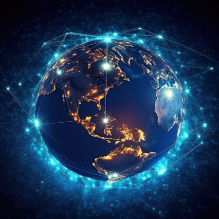 Innovative communication tech, Concept of a globally connected world, Cloud computing network, connecting through telecommunication, Social Network Online Community. Generative AI.の素材