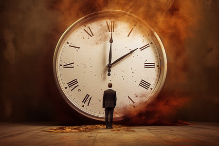 Time. An irreversible current flowing in only one direction, from past, through present to the future. Hourglass, seconds, clock, abstract eternity. Disappears and falls into oblivion. Generative AI.の素材