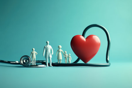 Healthcare and medicine concept. Healthcare insurance. Medical examination service. Stethoscope Heart. Wellness message, care in the hands of doctors. Care and Longevity. Professionals. GenerativeAI.の素材