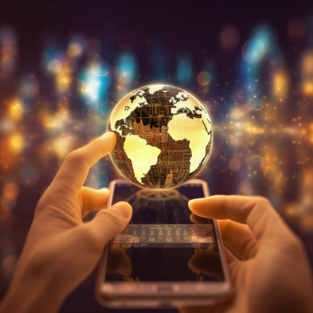 Innovative communication tech, Concept of a globally connected world, Cloud computing network, connecting through telecommunication, Social Network Online Community. Generative AI.の素材