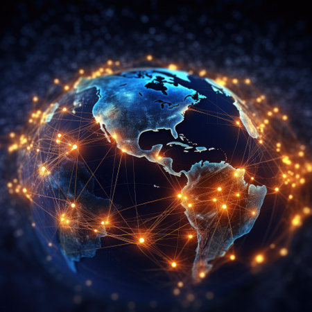 Innovative communication tech, Concept of a globally connected world, Cloud computing network, connecting through telecommunication, Social Network Online Community. Generative AI.の素材