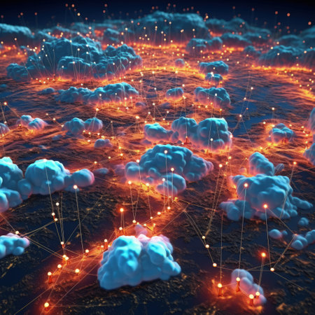 Innovative communication tech, Concept of a globally connected world, Cloud computing network, connecting through telecommunication, Social Network Online Community. Generative AI.の素材