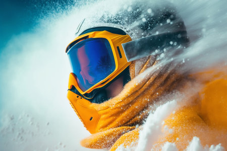 Winter Vacation, winter weekend, skiing ski mask snow sledding, recreation in the winter mountains, adrenaline, speed, nature beauty, enjoyment from the bustle of the city and work. Generative AI.の素材