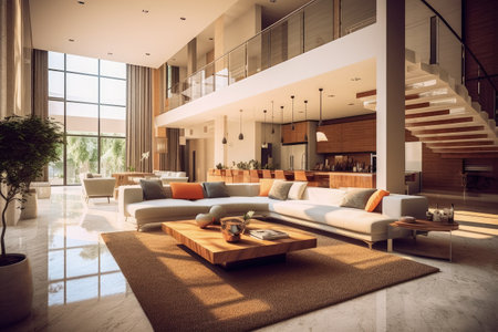 Interior design of living room in luxury home. architecture design with elegant luxury style. modern house. Modern. Cozy apartment. Home decor. Contemporary Vision and Architechture. Generative AI.の素材