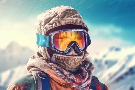 Winter Vacation, winter weekend, skiing ski mask snow sledding, recreation in the winter mountains, adrenaline, speed, nature beauty, enjoyment from the bustle of the city and work. Generative AI.の素材