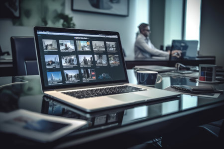 Internet based business technology concept for webinars. e-learning education concept, learning online with webinar, video tutorial, internet lessons. Generative AI.の素材