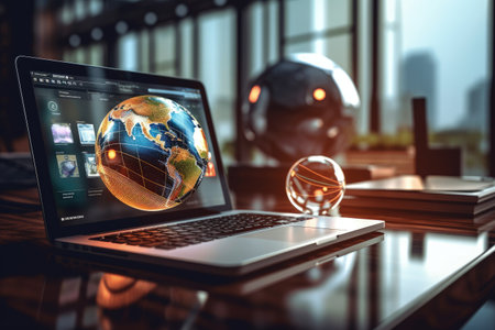 Internet based business technology concept for webinars. e-learning education concept, learning online with webinar, video tutorial, internet lessons. Generative AI.の素材