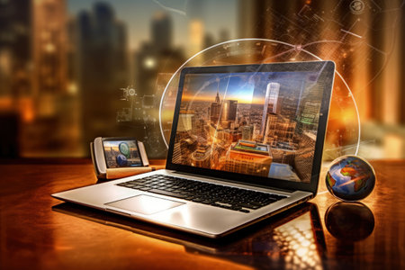 Internet based business technology concept for webinars. e-learning education concept, learning online with webinar, video tutorial, internet lessons. Generative AI.の素材