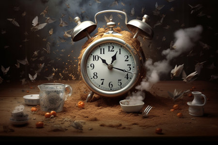Time. An irreversible current flowing in only one direction, from past, through present to the future. Hourglass, seconds, clock, abstract eternity. Disappears and falls into oblivion. Generative AI.の素材