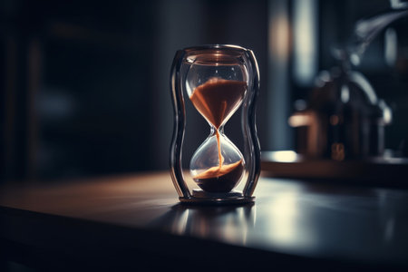 Time. An irreversible current flowing in only one direction, from past, through present to the future. Hourglass, seconds, clock, abstract eternity. Disappears and falls into oblivion. Generative AI.の素材