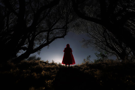 Little Red Riding Hood. A Fairy Tale, by Charles Perrault, the Brothers Grimm. The Red Cloak, a timeless classic, a story for children. Metaphor retelling, an embodiment of the story. Generative AI.の素材