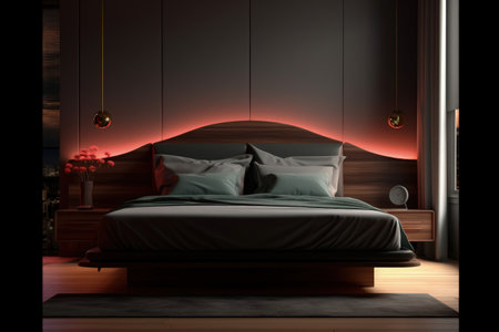 Bedroom design ideas, Modern and creative design ideas extraordinary and stylish minimalist bedroom. black modern. luxurious, oppulent, modern, luxe modern-baroque, Generative AI.の素材
