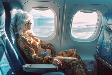 A view from the window of an airplane. Flying over the ground, view over an abyss, flying . Beautiful scenic view of sunset through aircraft window. Image save-path for window airplane. Generative AI.の素材