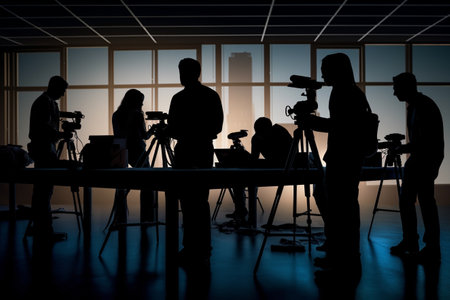 Mass media concept set with journalists preparing news materials operators working with camera and interviewer. correspondents, newsroom, media, microphone camcorder, Reporter. Generative AI.の素材