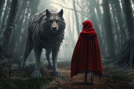 Little Red Riding Hood. A Fairy Tale, by Charles Perrault, the Brothers Grimm. The Red Cloak, a timeless classic, a story for children. Metaphor retelling, an embodiment of the story. Generative AI.の素材