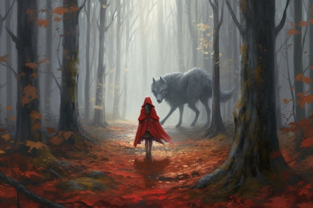 Little Red Riding Hood. A Fairy Tale, by Charles Perrault, the Brothers Grimm. The Red Cloak, a timeless classic, a story for children. Metaphor retelling, an embodiment of the story. Generative AI.の素材