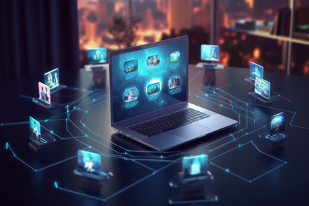 Internet based business technology concept for webinars. e-learning education concept, learning online with webinar, video tutorial, internet lessons. Generative AI.の素材