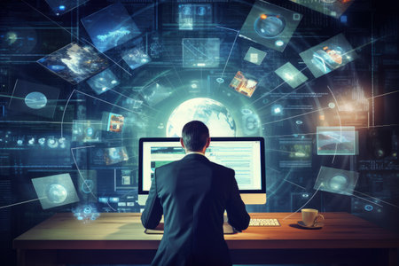 Internet based business technology concept for webinars. e-learning education concept, learning online with webinar, video tutorial, internet lessons. Generative AI.の素材