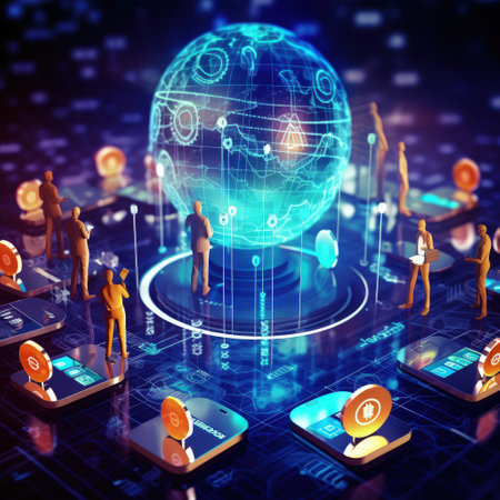 Innovative communication tech, Concept of a globally connected world, Cloud computing network, connecting through telecommunication, Social Network Online Community. Generative AI.の素材