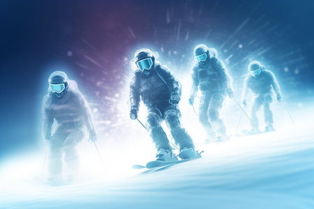 Winter Vacation, winter weekend, skiing ski mask snow sledding, recreation in the winter mountains, adrenaline, speed, nature beauty, enjoyment from the bustle of the city and work. Generative AI.の素材