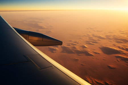 A view from the window of an airplane. Flying over the ground, view over an abyss, flying . Beautiful scenic view of sunset through aircraft window. Image save-path for window airplane. Generative AI.の素材