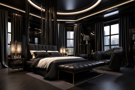 Bedroom design ideas, Modern and creative design ideas extraordinary and stylish minimalist bedroom. black modern. luxurious, oppulent, modern, luxe modern-baroque, Generative AI.の素材