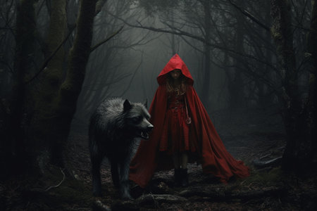 Little Red Riding Hood. A Fairy Tale, by Charles Perrault, the Brothers Grimm. The Red Cloak, a timeless classic, a story for children. Metaphor retelling, an embodiment of the story. Generative AI.の素材