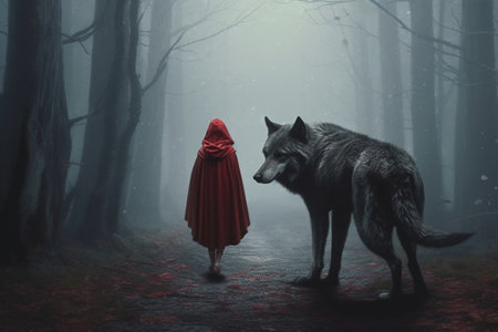Little Red Riding Hood. A Fairy Tale, by Charles Perrault, the Brothers Grimm. The Red Cloak, a timeless classic, a story for children. Metaphor retelling, an embodiment of the story. Generative AI.の素材