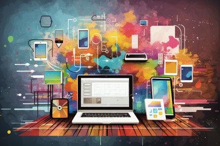 Internet based business technology concept for webinars. e-learning education concept, learning online with webinar, video tutorial, internet lessons. Generative AI.の素材