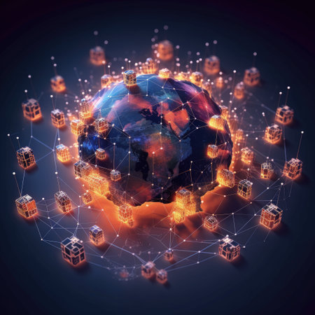 Innovative communication tech, Concept of a globally connected world, Cloud computing network, connecting through telecommunication, Social Network Online Community. Generative AI.の素材