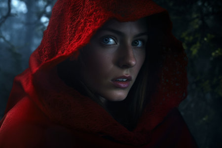 Little Red Riding Hood. A Fairy Tale, by Charles Perrault, the Brothers Grimm. The Red Cloak, a timeless classic, a story for children. Metaphor retelling, an embodiment of the story. Generative AI.の素材