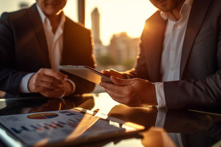 internet social media marketing, Business Finance, accounting, contract, advisor investment consulting marketing plan for company with using tablet and computer technology in analysis. Generative AI.の素材