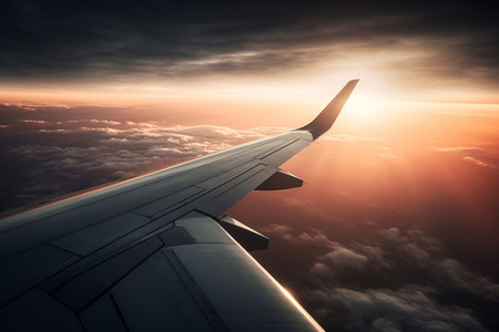A view from the window of an airplane. Flying over the ground, view over an abyss, flying . Beautiful scenic view of sunset through aircraft window. Image save-path for window airplane. Generative AI.の素材