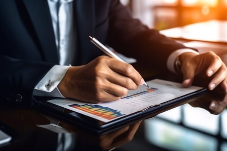 internet social media marketing, Business Finance, accounting, contract, advisor investment consulting marketing plan for company with using tablet and computer technology in analysis. Generative AI.の素材