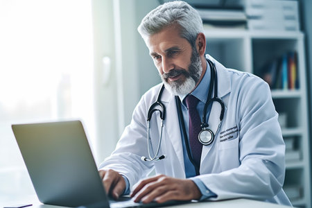 Doctor online, consultation doctor-patient conversation, video meeting, online web chat, call, communication, preparing online internet prescription, medical consultation, Family. Generative AI.の素材