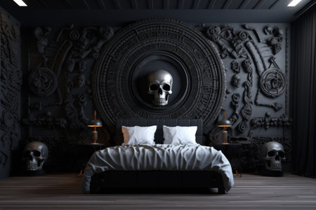Bedroom design ideas, Modern and creative design ideas extraordinary and stylish minimalist bedroom. black modern. luxurious, oppulent, modern, luxe modern-baroque, Generative AI.の素材