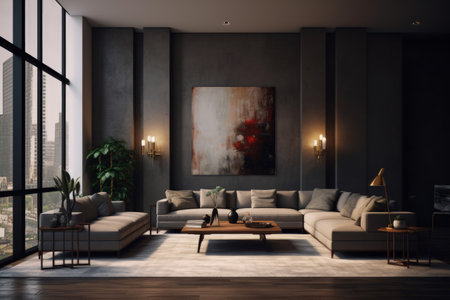 Interior design of living room in luxury home. architecture design with elegant luxury style. modern house. Modern. Cozy apartment. Home decor. Contemporary Vision and Architechture. Generative AI.の素材