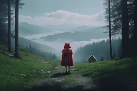 Little Red Riding Hood. A Fairy Tale, by Charles Perrault, the Brothers Grimm. The Red Cloak, a timeless classic, a story for children. Metaphor retelling, an embodiment of the story. Generative AI.の素材