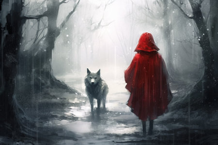 Little Red Riding Hood. A Fairy Tale, by Charles Perrault, the Brothers Grimm. The Red Cloak, a timeless classic, a story for children. Metaphor retelling, an embodiment of the story. Generative AI.の素材