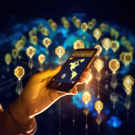 Innovative communication tech, Concept of a globally connected world, Cloud computing network, connecting through telecommunication, Social Network Online Community. Generative AI.の素材