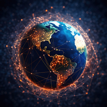 Innovative communication tech, Concept of a globally connected world, Cloud computing network, connecting through telecommunication, Social Network Online Community. Generative AI.の素材